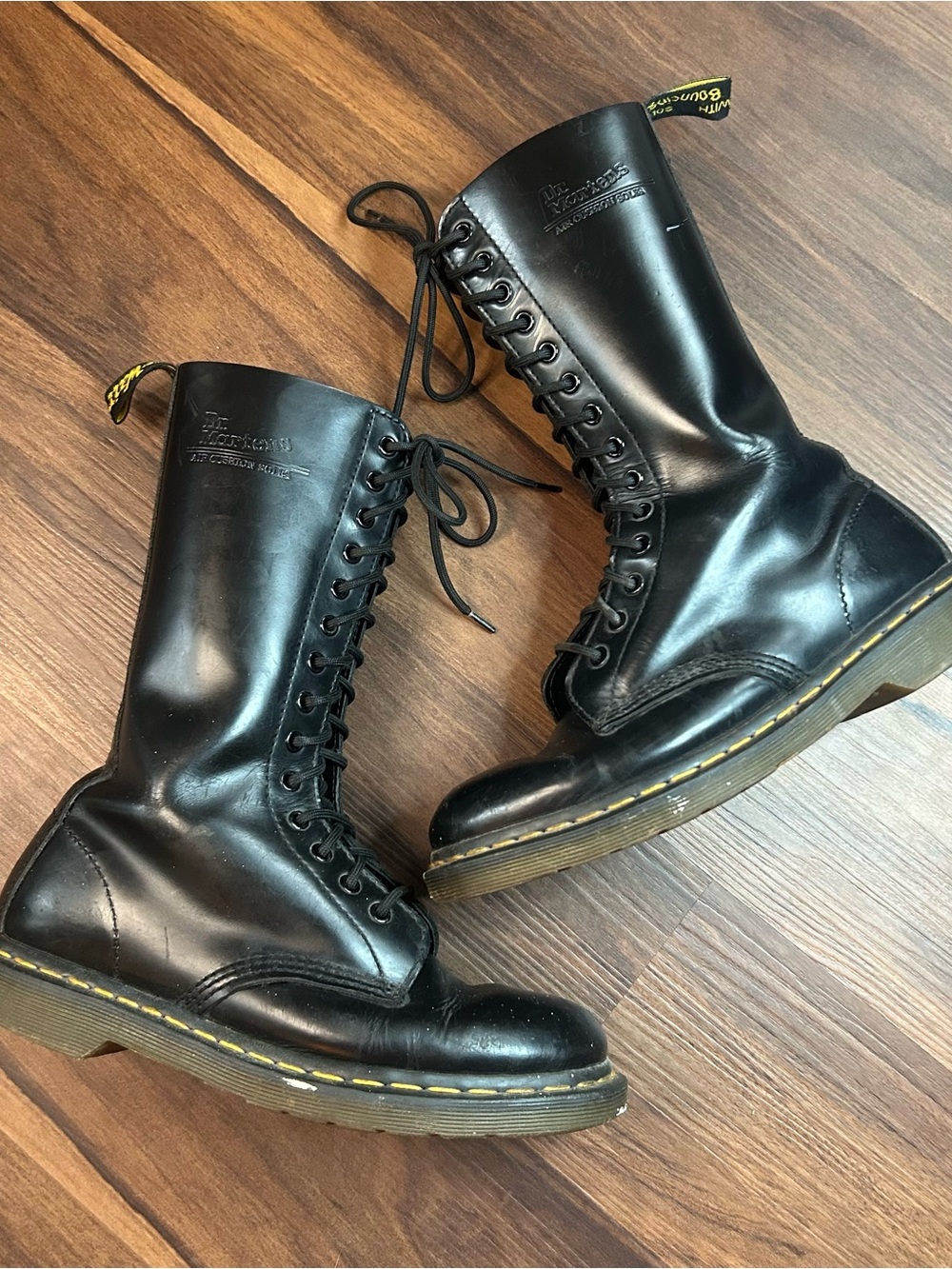 Dr. Martens Black 14-Eye Lace-Up Leather Boots with Yellow Stitching. M9 W10